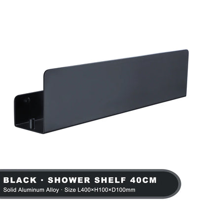 Estante organizador de baño negro con ganchos, estantes de decoración de cocina de aluminio en pared, estante de almacenamiento para ducha, montaje en pared