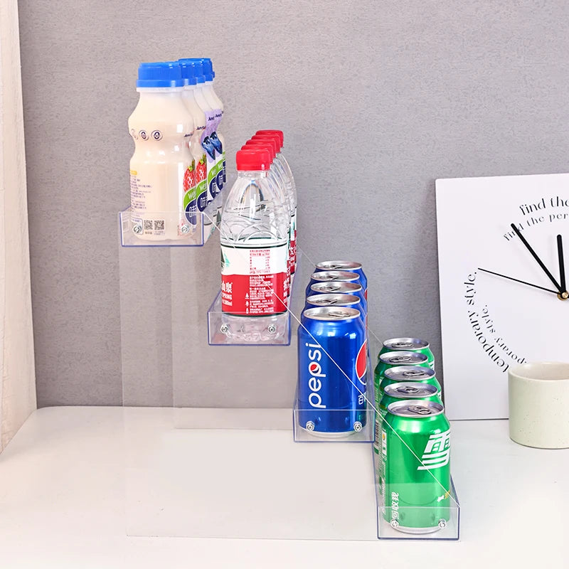 Estante de exhibición de bebidas escalonado transparente acrílico, organizador de latas de bebidas para refrigerador, estante dispensador multifuncional, 1 ud.