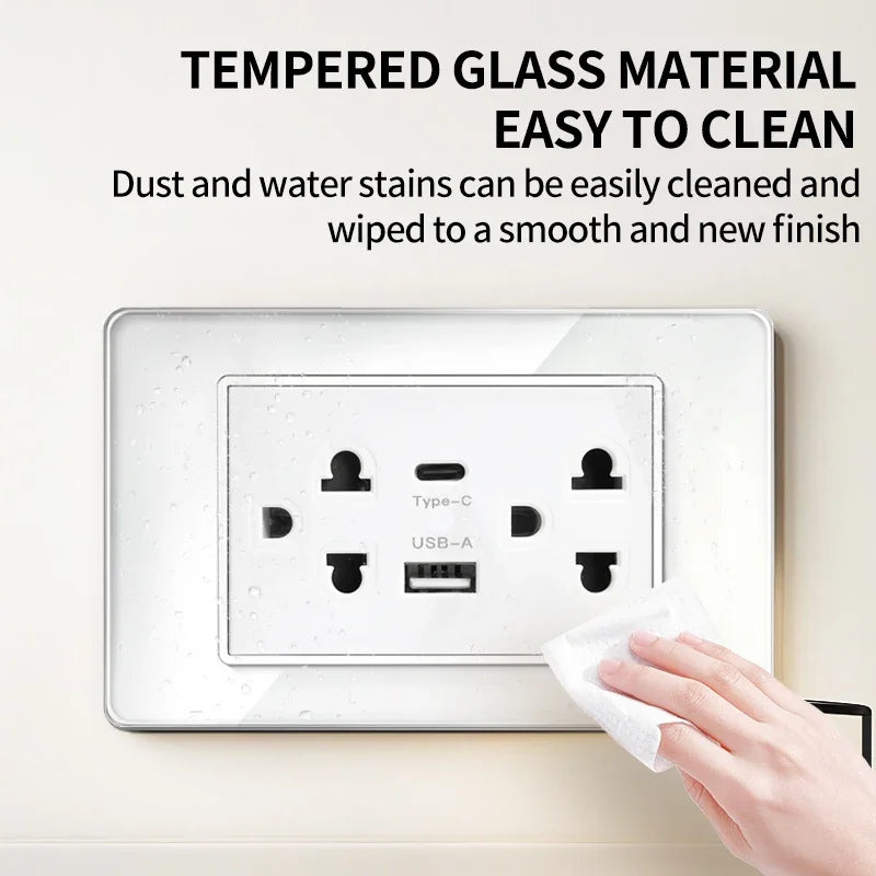 T&I US Standard 118 Toma de pared con interruptor, panel de vidrio templado, puertos de carga USB y tipo C