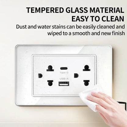T&I US Standard 118 Toma de pared con interruptor, panel de vidrio templado, puertos de carga USB y tipo C
