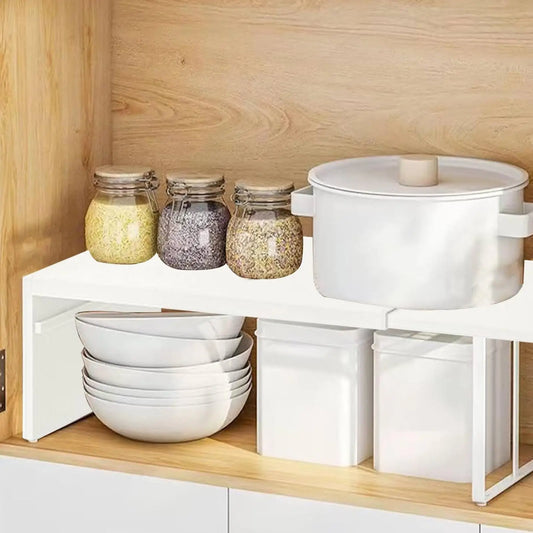Estante de gabinete extensible, ahorro de espacio, estante en capas apilable, antideslizante, ligero, resistente, accesorios de almacenamiento de cocina