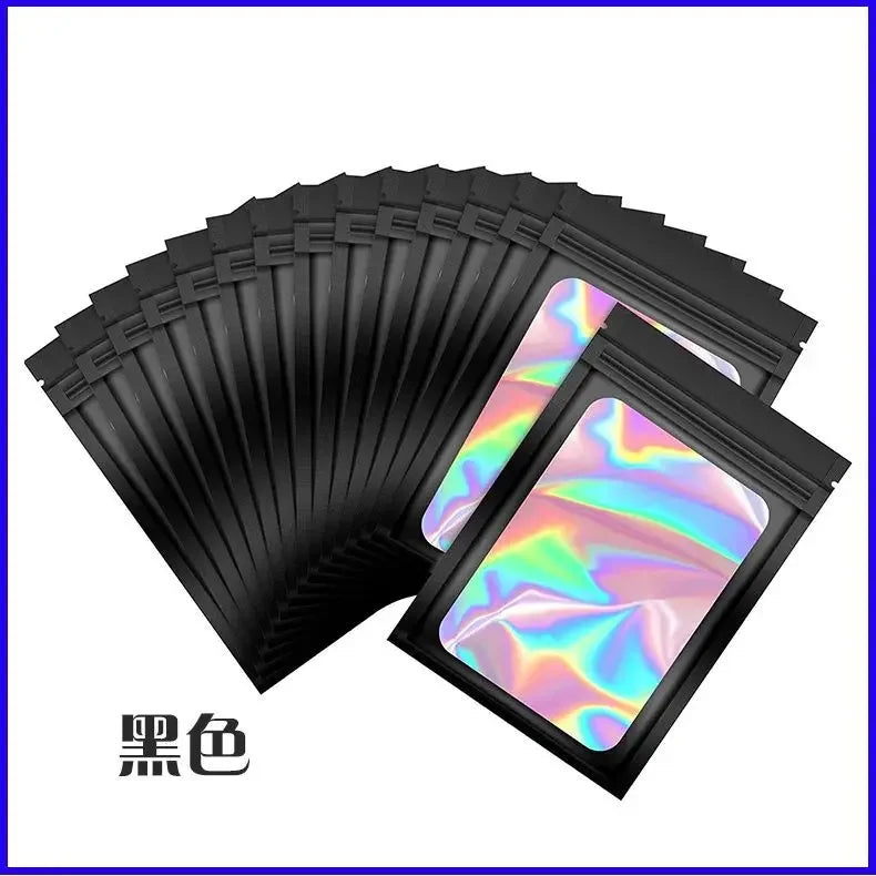 50 Uds. Bolsas Mylar resellables a prueba de olores, bolsas de plástico holográficas con cierre de cremallera para joyería de dulces, bolsas de papel de aluminio para almacenamiento de alimentos