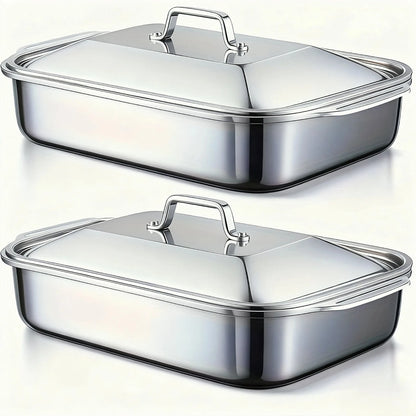 Sartén para asar cubierta de acero inoxidable, horno antiadherente grueso, seguro con asas resistentes al calor para asar, hornear, servir Buffet
