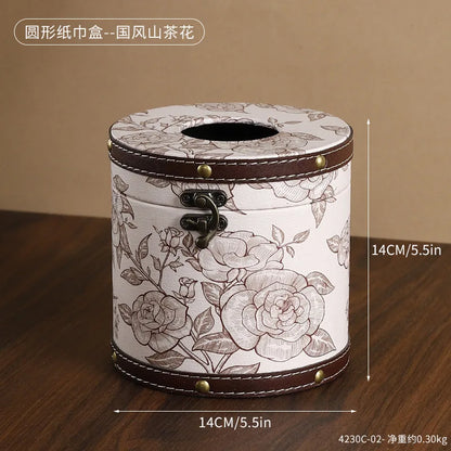 Caja de pañuelos estilo chino Guofeng, caja circular de cuero con cajón, estilo de lujo ligero, caja de servilletas adecuada para el hogar, sala de estar, dormitorio