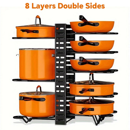 Organizador de Ollas de 8 Niveles - Soporte Metálico Resistente que Ahorra Espacio para Sartenes, Ollas y Tapas, Almacenamiento de Cocina Ordenado y Elegante