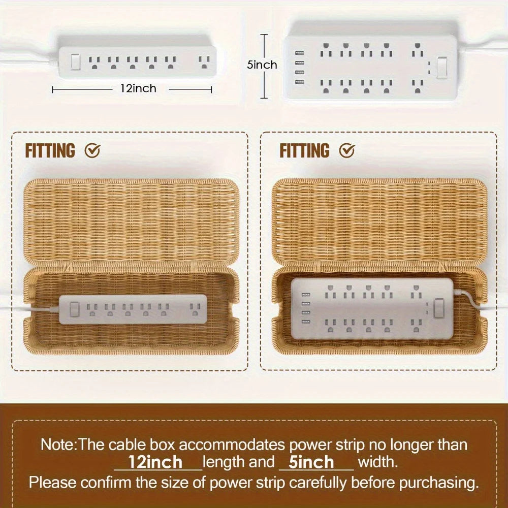Caja eléctrica de ratán tejida a mano: material PE duradero, con tapa, con diseño de estilo rural rural, múltiples espacios de almacenamiento