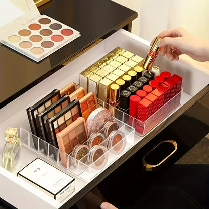 Organizador de maquillaje de plástico transparente con 7 compartimentos, soporte para lápiz labial y sombra de ojos, bandeja de almacenamiento de cosméticos para artículos esenciales de baño