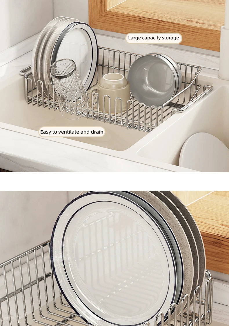 Escurridor de fregadero de cocina de acero inoxidable, estante de secado de platos expandible, soporte de almacenamiento para cuencos de frutas y verduras, organizar utensilios de cocina