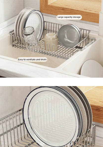 Escurridor de fregadero de cocina de acero inoxidable, estante de secado de platos expandible, soporte de almacenamiento para cuencos de frutas y verduras, organizar utensilios de cocina