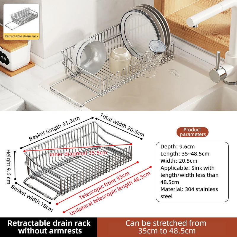 Escurridor de fregadero de cocina de acero inoxidable, estante de secado de platos expandible, soporte de almacenamiento para cuencos de frutas y verduras, organizar utensilios de cocina