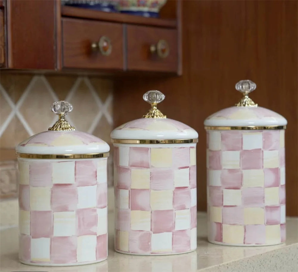 Tarro de almacenamiento clásico Retro europeo, adorno de tablero de ajedrez, contenedores de cocina esmaltados de porcelana, tarros de almacenamiento de azúcar para té y café