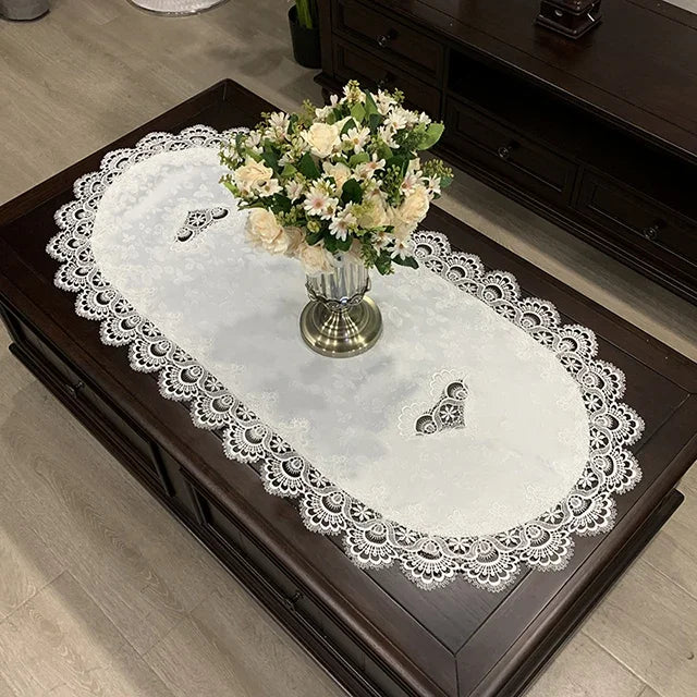 Mantel para mesa de té, cubierta de mesa de comedor, ovalada, blanca, Europa, flor bordada de poliéster, decoración del hogar de encaje para sala de estar