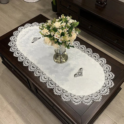 Mantel para mesa de té, cubierta de mesa de comedor, ovalada, blanca, Europa, flor bordada de poliéster, decoración del hogar de encaje para sala de estar