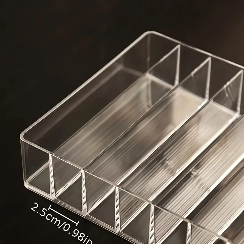 Organizador de maquillaje de plástico transparente con 7 compartimentos, soporte para lápiz labial y sombra de ojos, bandeja de almacenamiento de cosméticos para artículos esenciales de baño