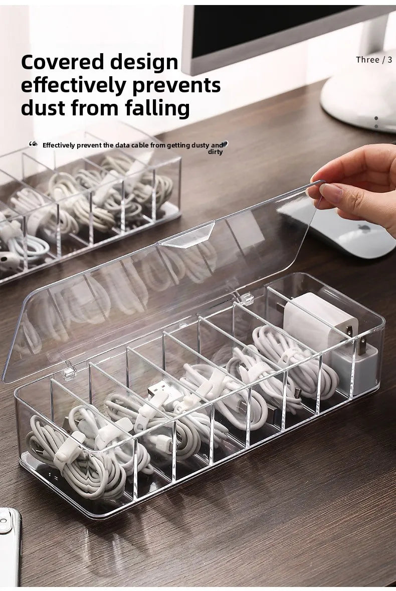 Caja de almacenamiento de cables de datos de plástico transparente, cable doméstico, cargador de teléfono móvil, Cable de carga, caja de acabado, caja de rejilla dividida