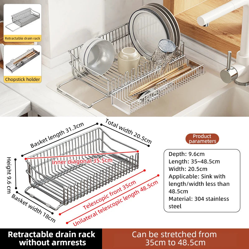 Escurridor de fregadero de cocina de acero inoxidable, estante de secado de platos expandible, soporte de almacenamiento para cuencos de frutas y verduras, organizar utensilios de cocina