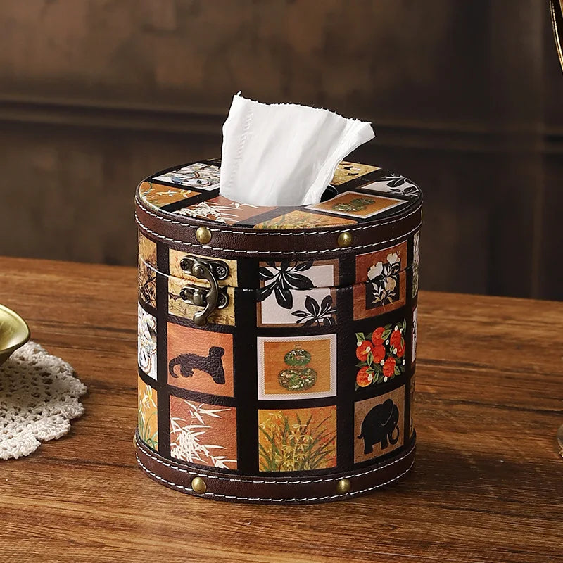 Caja de pañuelos estilo chino Guofeng, caja circular de cuero con cajón, estilo de lujo ligero, caja de servilletas adecuada para el hogar, sala de estar, dormitorio