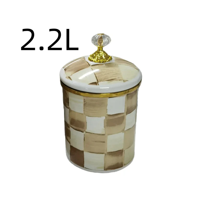 Tarro de almacenamiento clásico Retro europeo, adorno de tablero de ajedrez, contenedores de cocina esmaltados de porcelana, tarros de almacenamiento de azúcar para té y café