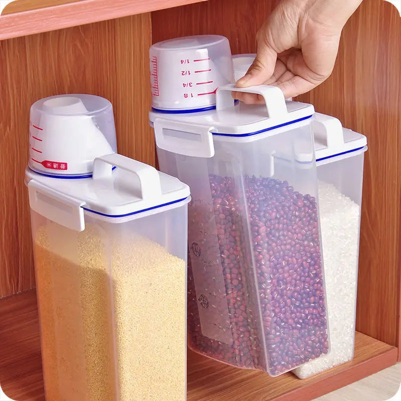 Contenedor de Arroz de 2.3L con Taza Medidora, Dispensador de Arroz de Plástico Libre de BPA, Recipiente de Almacenamiento de Alimentos para Cocina y Despensa para Avena y Harina