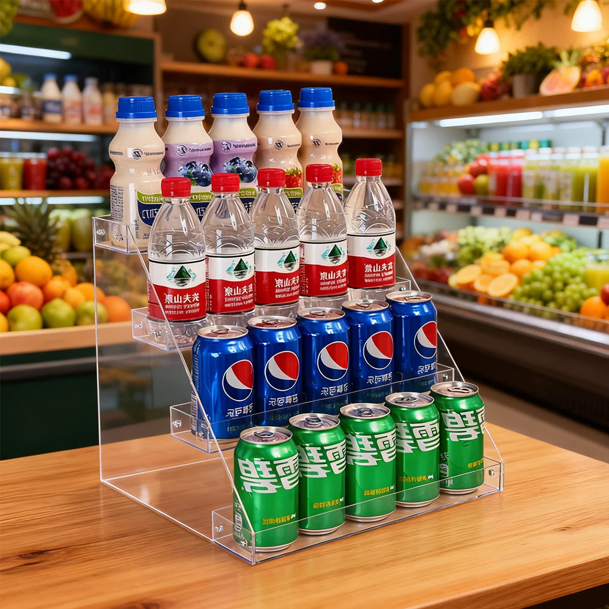 Estante de exhibición de bebidas escalonado transparente acrílico, organizador de latas de bebidas para refrigerador, estante dispensador multifuncional, 1 ud.