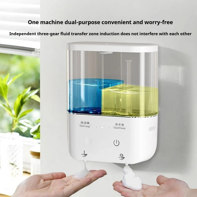 Dispensador automático de jabón de doble cabezal, dispensador de jabón líquido montado en la pared para champú/Gel de ducha/jabón para platos, baño inteligente