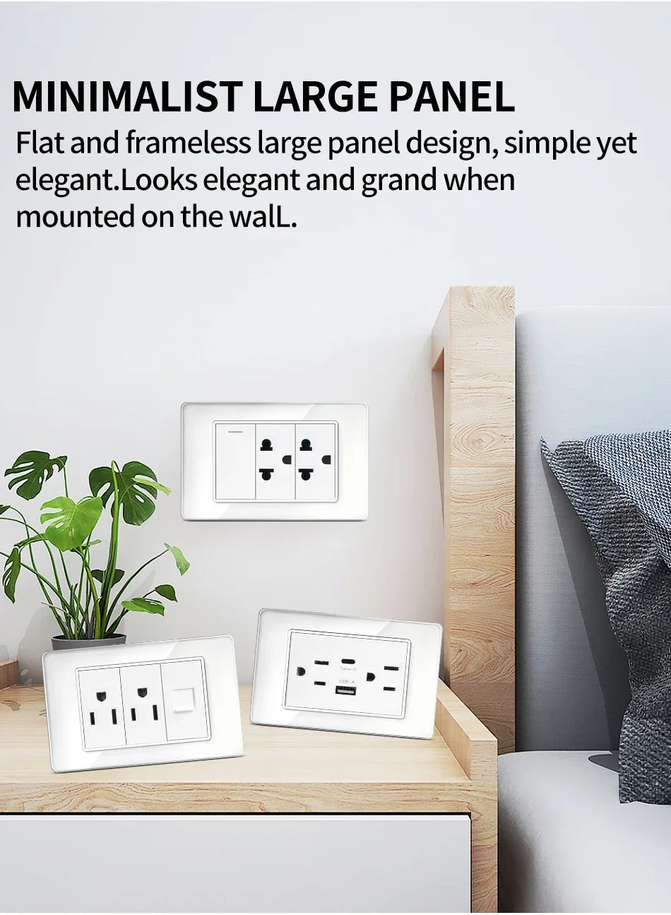 T&I US Standard 118 Toma de pared con interruptor, panel de vidrio templado, puertos de carga USB y tipo C