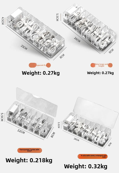 Caja de almacenamiento de cables de datos de plástico transparente, cable doméstico, cargador de teléfono móvil, Cable de carga, caja de acabado, caja de rejilla dividida