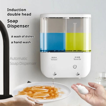 Dispensador automático de jabón de doble cabezal, dispensador de jabón líquido montado en la pared para champú/Gel de ducha/jabón para platos, baño inteligente