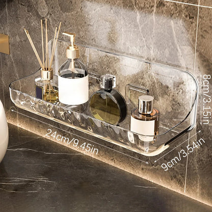 Estante de almacenamiento transparente acrílico para baño, bandeja de almacenamiento de cosméticos sin perforaciones montada en la pared, organizador de maquillaje, estante de cocina para baño