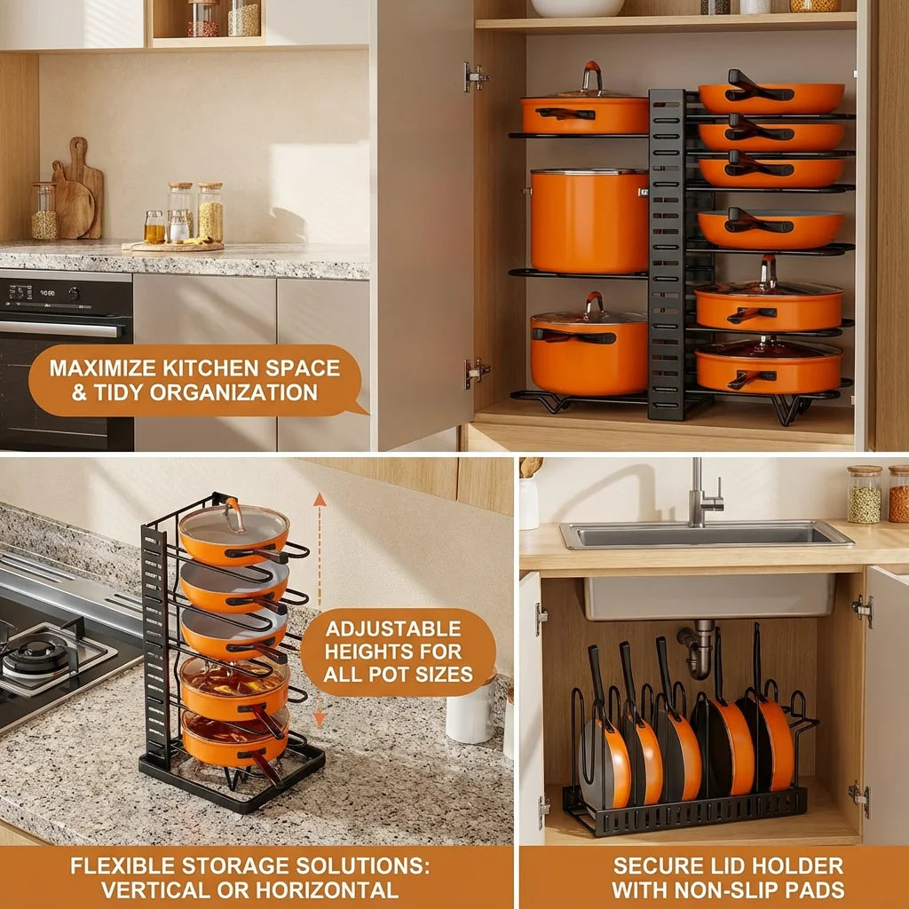 Organizador de Ollas de 8 Niveles - Soporte Metálico Resistente que Ahorra Espacio para Sartenes, Ollas y Tapas, Almacenamiento de Cocina Ordenado y Elegante