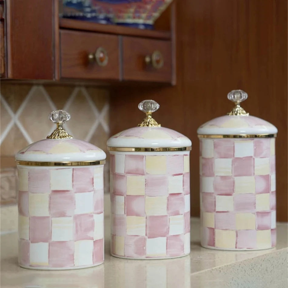 Tarro de almacenamiento clásico Retro europeo, adorno de tablero de ajedrez, contenedores de cocina esmaltados de porcelana, tarros de almacenamiento de azúcar para té y café