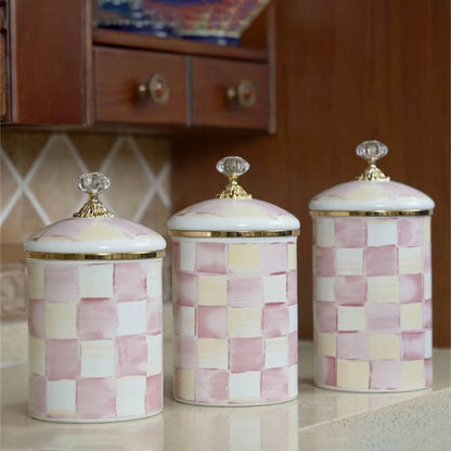 Tarro de almacenamiento clásico Retro europeo, adorno de tablero de ajedrez, contenedores de cocina esmaltados de porcelana, tarros de almacenamiento de azúcar para té y café