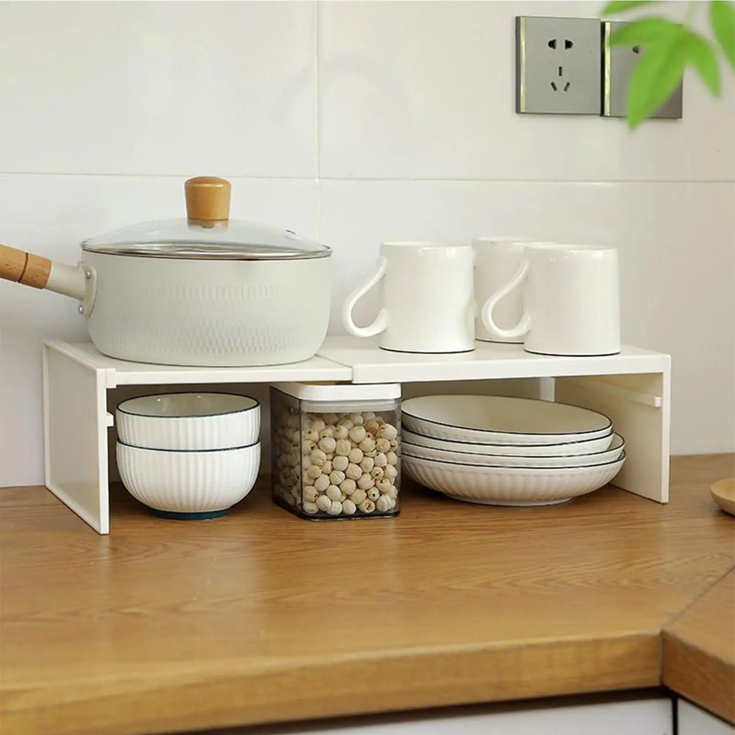 Estante de gabinete extensible, ahorro de espacio, estante en capas apilable, antideslizante, ligero, resistente, accesorios de almacenamiento de cocina