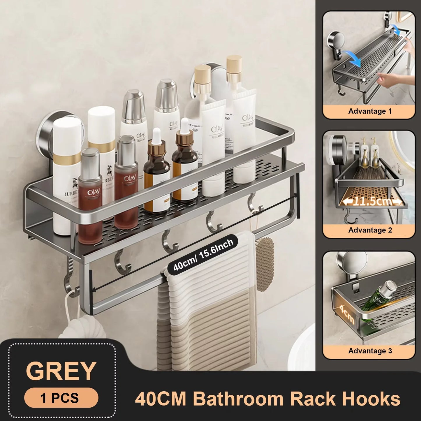 Estante de baño con ventosa de aluminio espacial, estante de almacenamiento para ducha de montaje en pared sin perforaciones, gran capacidad, soporte de carga fuerte