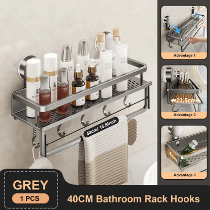 Estante de baño con ventosa de aluminio espacial, estante de almacenamiento para ducha de montaje en pared sin perforaciones, gran capacidad, soporte de carga fuerte