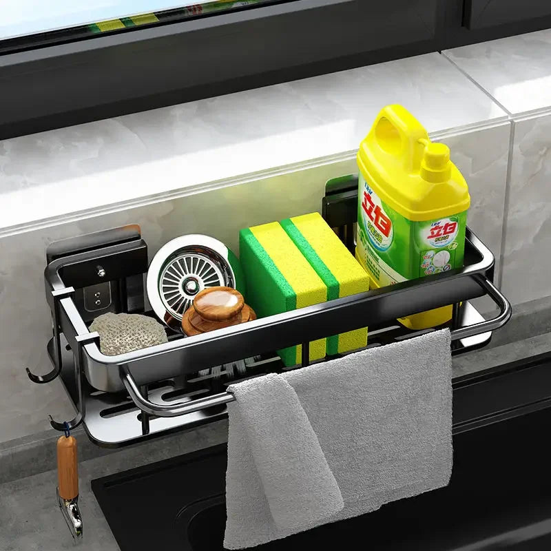 Soporte para fregadero de cocina, estante de almacenamiento de aluminio grueso para toalla y esponja, cesta organizadora de drenaje, estantes de baño