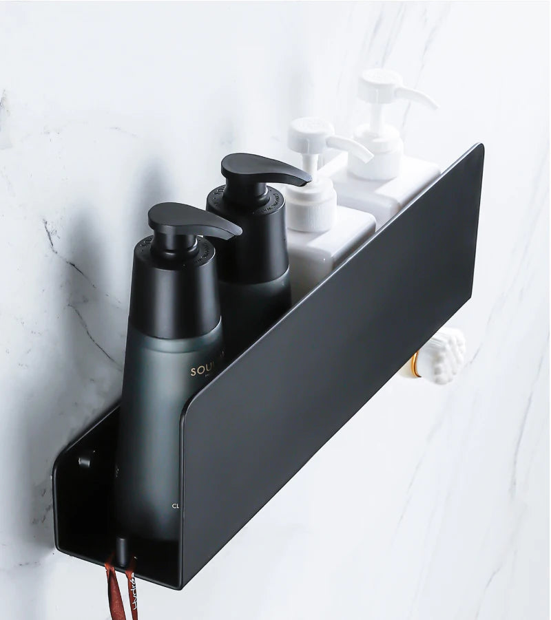 Estante organizador de baño negro con ganchos, estantes de decoración de cocina de aluminio en pared, estante de almacenamiento para ducha, montaje en pared