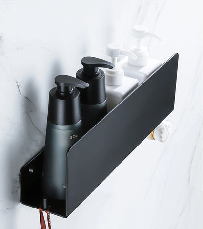 Estante organizador de baño negro con ganchos, estantes de decoración de cocina de aluminio en pared, estante de almacenamiento para ducha, montaje en pared