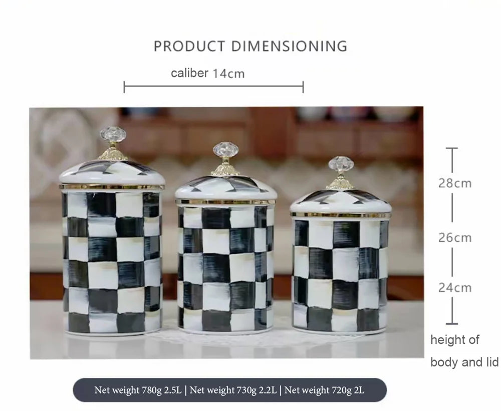 Tarro de almacenamiento clásico Retro europeo, adorno de tablero de ajedrez, contenedores de cocina esmaltados de porcelana, tarros de almacenamiento de azúcar para té y café