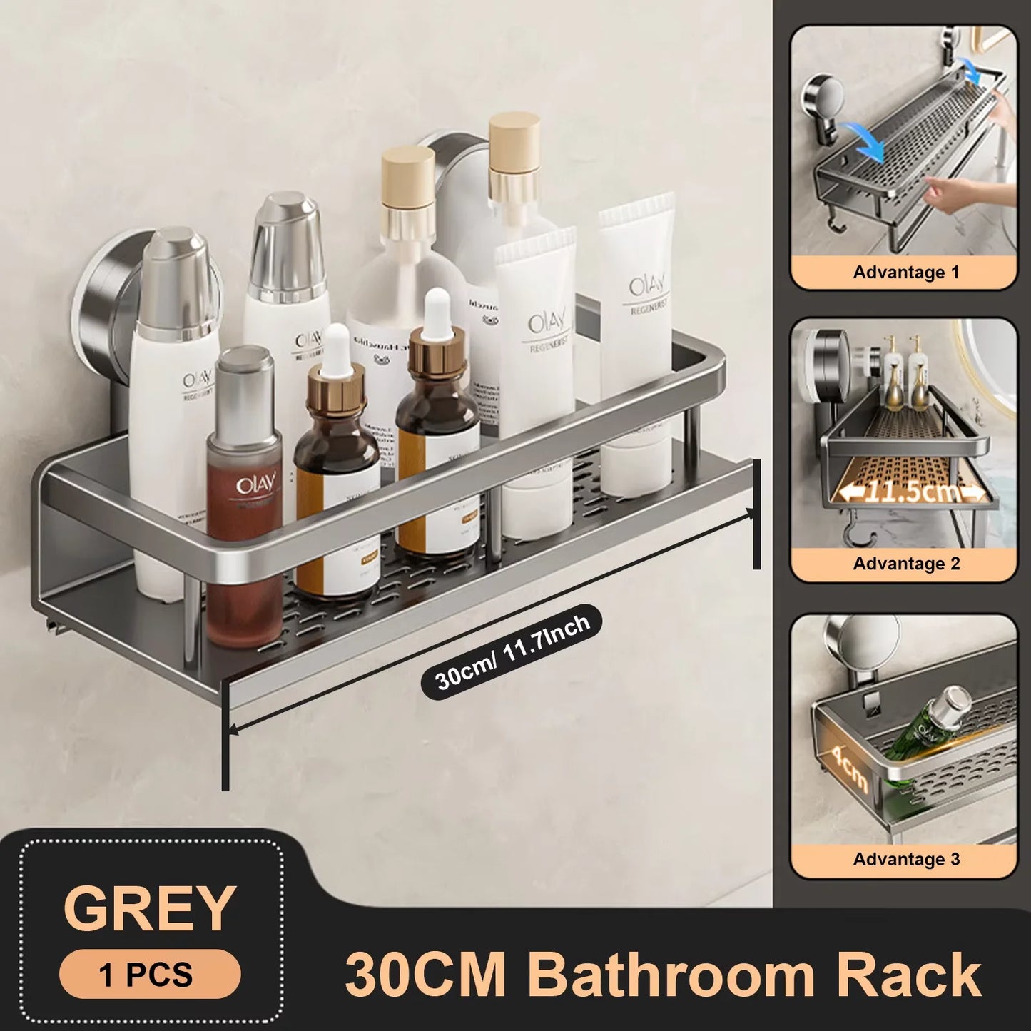 Estante de baño con ventosa de aluminio espacial, estante de almacenamiento para ducha de montaje en pared sin perforaciones, gran capacidad, soporte de carga fuerte