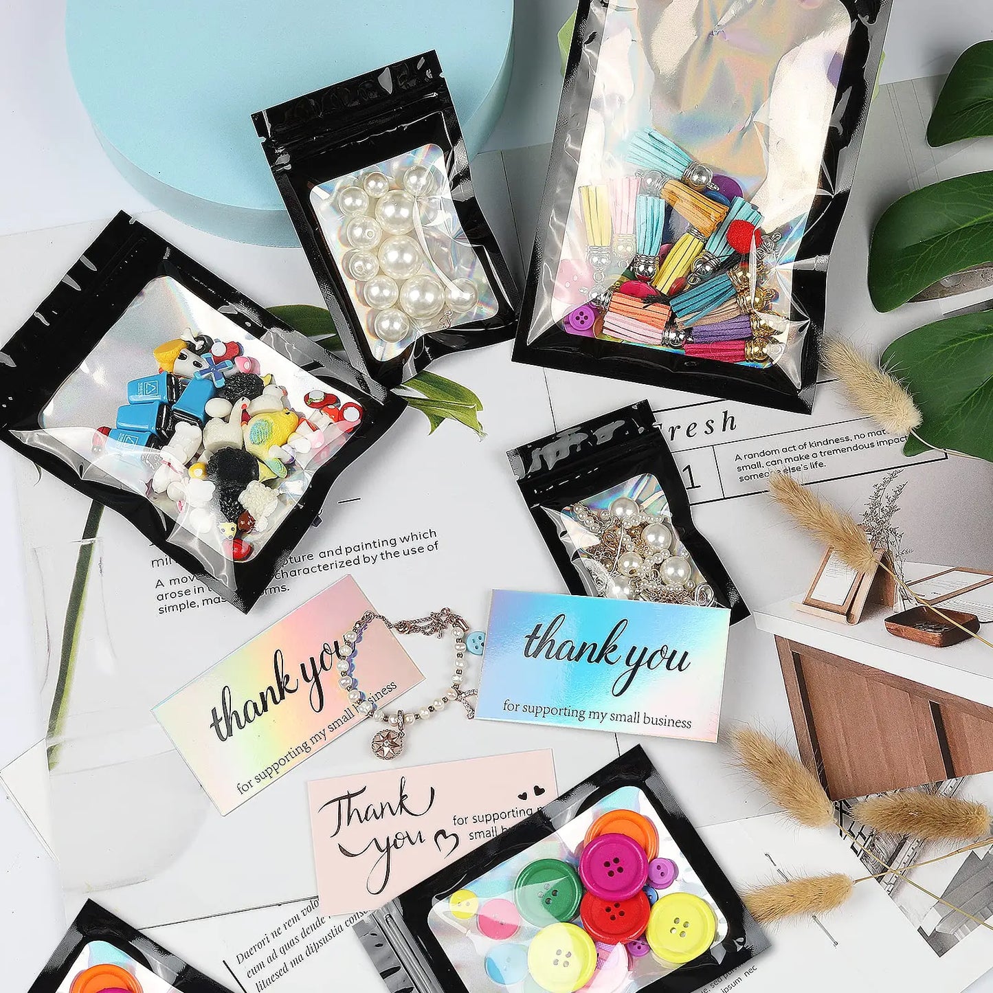 50 Uds. Bolsas Mylar resellables a prueba de olores, bolsas de plástico holográficas con cierre de cremallera para joyería de dulces, bolsas de papel de aluminio para almacenamiento de alimentos