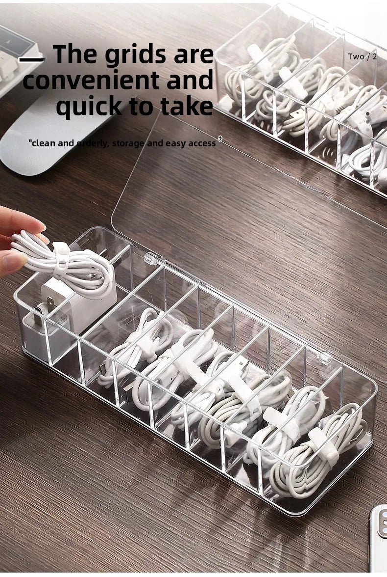 Caja de almacenamiento de cables de datos de plástico transparente, cable doméstico, cargador de teléfono móvil, Cable de carga, caja de acabado, caja de rejilla dividida