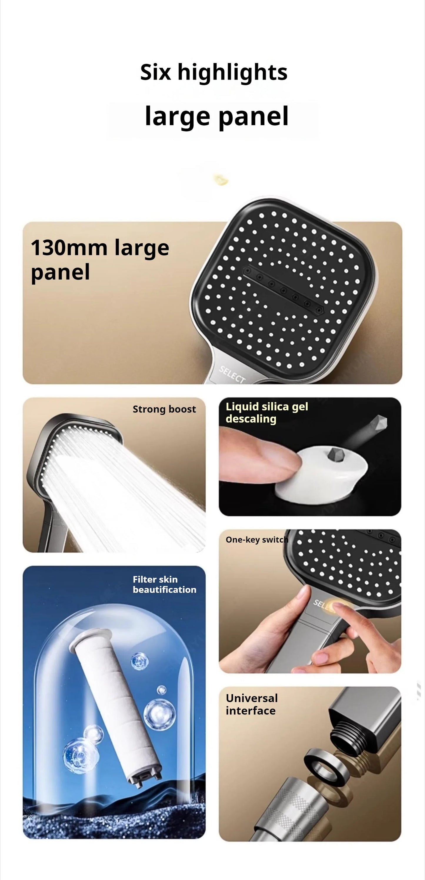 Cabezal de ducha de alta presión con Panel grande de 13CM con filtro, 3 modos, boquilla de lluvia con pulverizador de gran flujo, cabezal de ducha cuadrado para baño