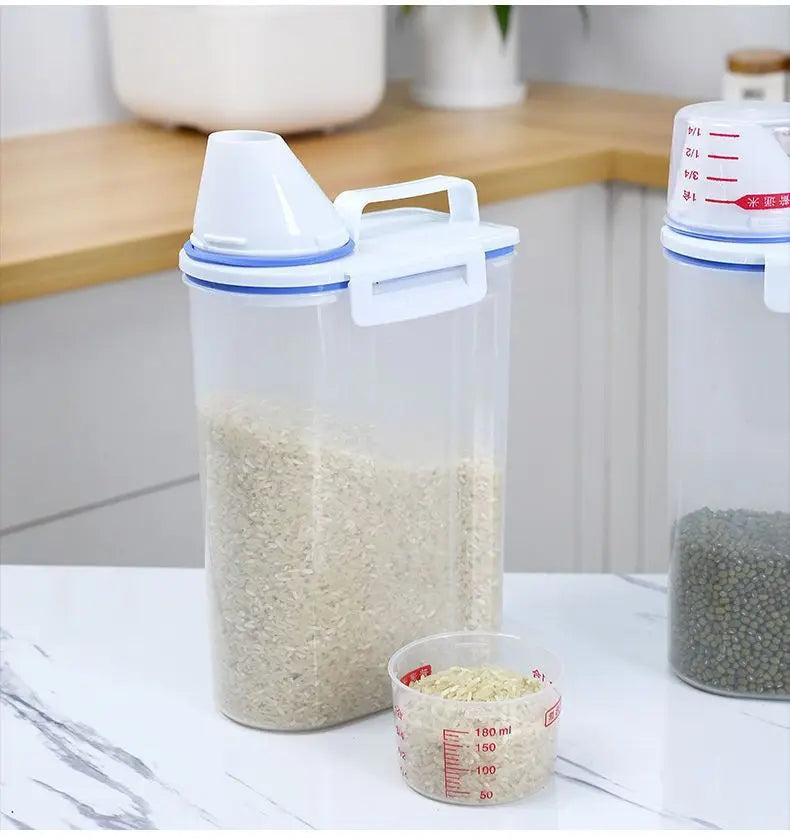 Contenedor de Arroz de 2.3L con Taza Medidora, Dispensador de Arroz de Plástico Libre de BPA, Recipiente de Almacenamiento de Alimentos para Cocina y Despensa para Avena y Harina