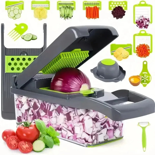 Picador de Verduras Multifuncional con Mango, Rallador de Alimentos, Cortador de Verduras, Rebanador, Picador, Corta en 14/16 Piezas, Artículos de Cocina