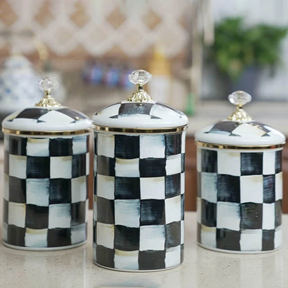 Tarro de almacenamiento clásico Retro europeo, adorno de tablero de ajedrez, contenedores de cocina esmaltados de porcelana, tarros de almacenamiento de azúcar para té y café