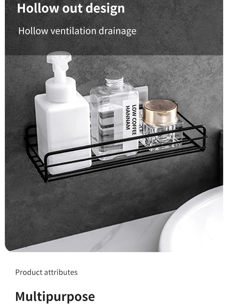 Estante de almacenamiento para baño, organizador de cocina, estantes negros, marco de esquina, perforador de ducha de hierro, estante de Caddy montado gratis