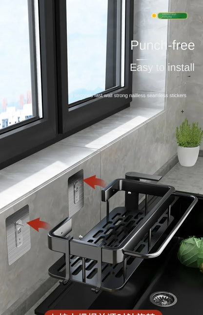 Soporte para fregadero de cocina, estante de almacenamiento de aluminio grueso para toalla y esponja, cesta organizadora de drenaje, estantes de baño