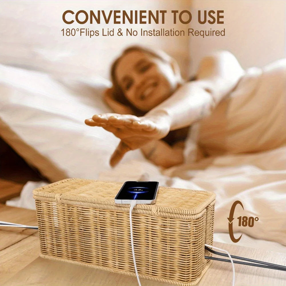 Caja eléctrica de ratán tejida a mano: material PE duradero, con tapa, con diseño de estilo rural rural, múltiples espacios de almacenamiento
