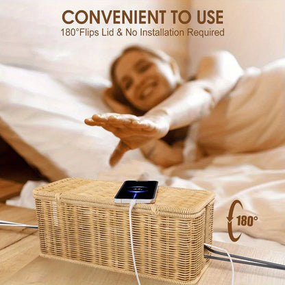 Caja eléctrica de ratán tejida a mano: material PE duradero, con tapa, con diseño de estilo rural rural, múltiples espacios de almacenamiento